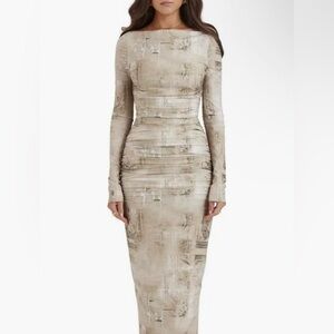 House of CB Lanetta Ruched Bateau boat Neck Long Sleeve maxi dress XS. NWT